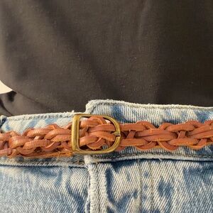 Old Navy Braided Brown Leather Belt with Gold Buckle